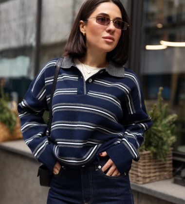 Светр Retro Striped Knit Polo Синій | Showroom By Nona — зображення 4