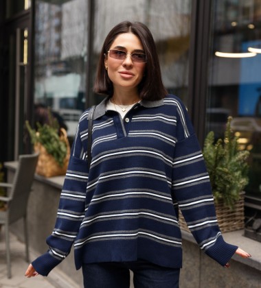 Светр Retro Striped Knit Polo Синій | Showroom By Nona — зображення 5