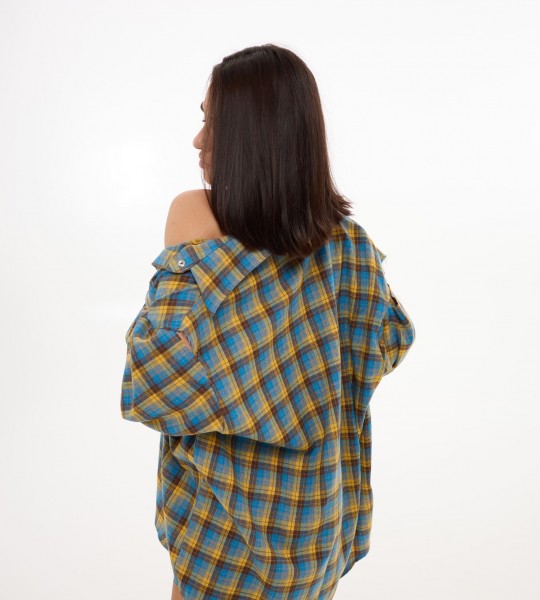 Сорочка Oversize в клітинку з вирізами Жовто-блакитна | Showroom By Nona — зображення 2