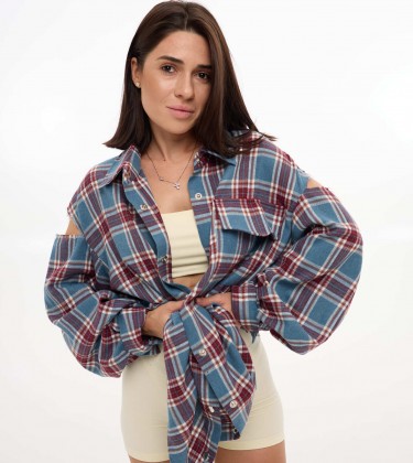 Сорочка Oversize в клітинку з вирізами Синьо-бордова