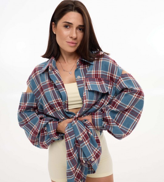 Сорочка Oversize в клітинку з вирізами Синьо-бордова