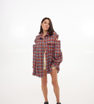 Сорочка Oversize в клітинку з вирізами Блакитно-помаранчева | Showroom By Nona — зображення 4