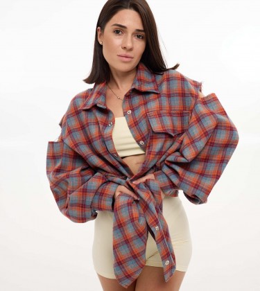 Сорочка Oversize в клітинку з вирізами Блакитно-помаранчева