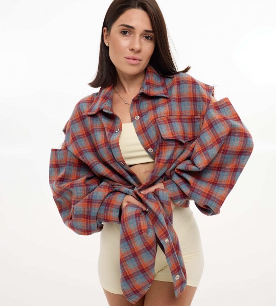 Сорочка Oversize в клітинку з вирізами Блакитно-помаранчева