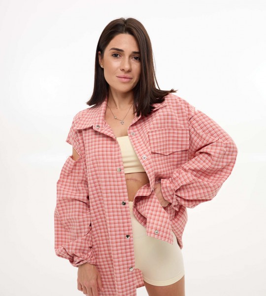 Сорочка Oversize в клітинку з вирізами Персик
