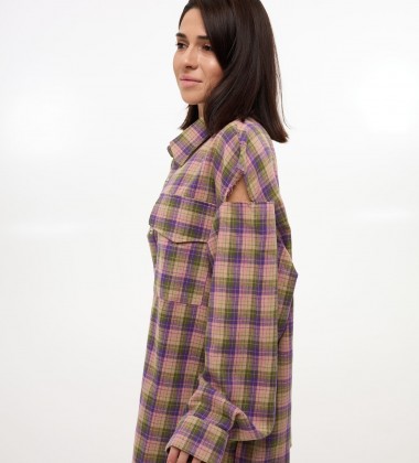 Сорочка Oversize в клітинку з вирізами Оливково-фіолетова | Showroom By Nona — зображення 3