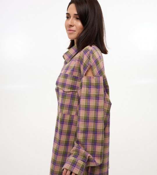 Сорочка Oversize в клітинку з вирізами Оливково-фіолетова | Showroom By Nona — зображення 4