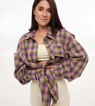 Сорочка Oversize в клітинку з вирізами Оливково-фіолетова | Showroom By Nona