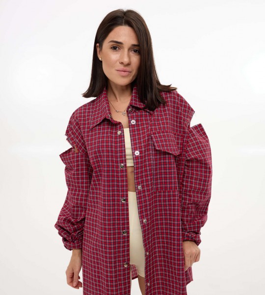 Сорочка Oversize в клітинку з вирізами Червона | Showroom By Nona — зображення 5