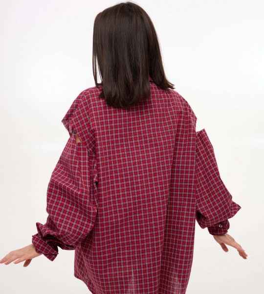 Сорочка Oversize в клітинку з вирізами Червона | Showroom By Nona — зображення 3