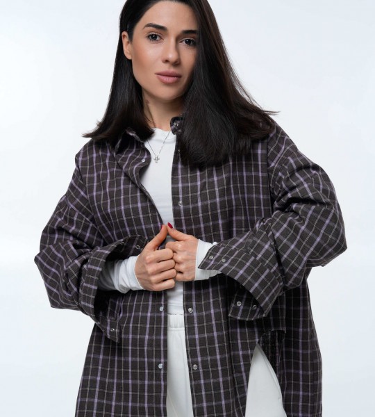 Сорочка Oversize з асиметричним розрізом Brown Lavender Check