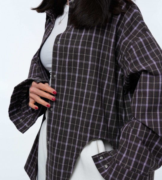 Сорочка Oversize з асиметричним розрізом Brown Lavender Check | Showroom By Nona — зображення 6