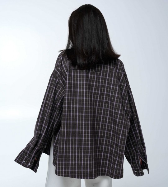 Сорочка Oversize з асиметричним розрізом Brown Lavender Check | Showroom By Nona — зображення 4